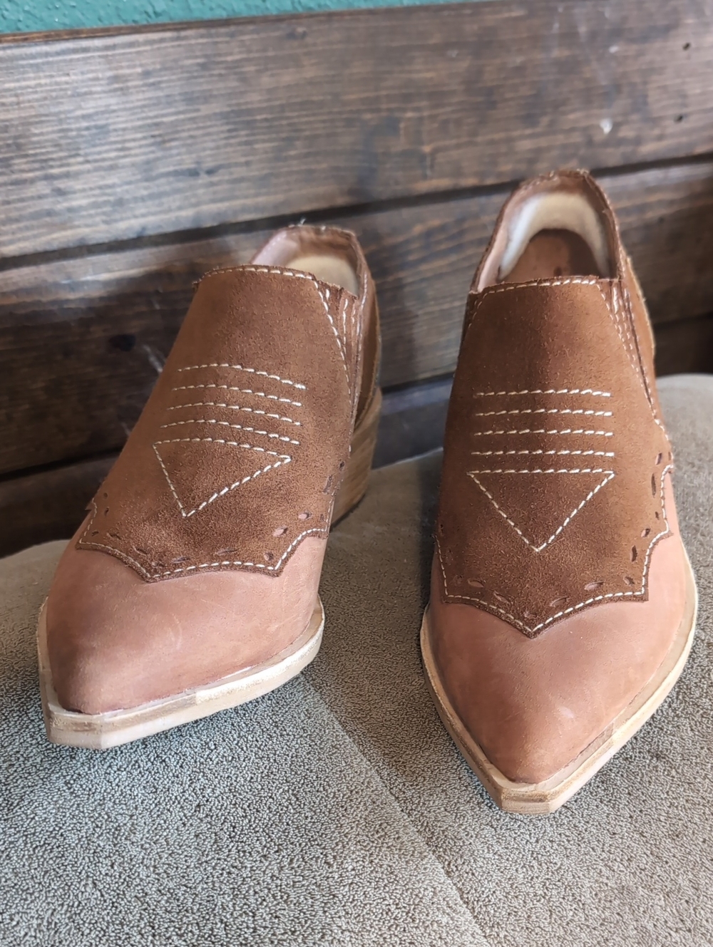 Linea Paolo Western Two-Tone Brown Suede & Leather Ankle Booties